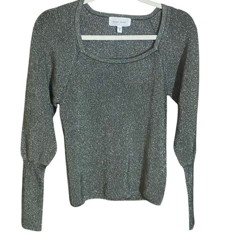 Dear John Metallic Ribbed Knit Sweater Top Women’s Small Silver Sparkle Pullover